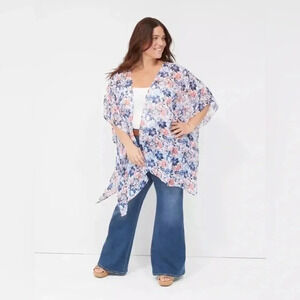 Lane Bryant Tropical Floral Chiffon Overpiece Open Front Kimono O/S Fits XL-4XL